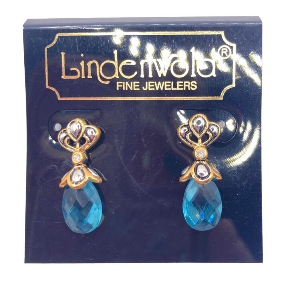 Lindenwold Mixed Metal Two Toned Tear Drop Blue Crystal Earrings
